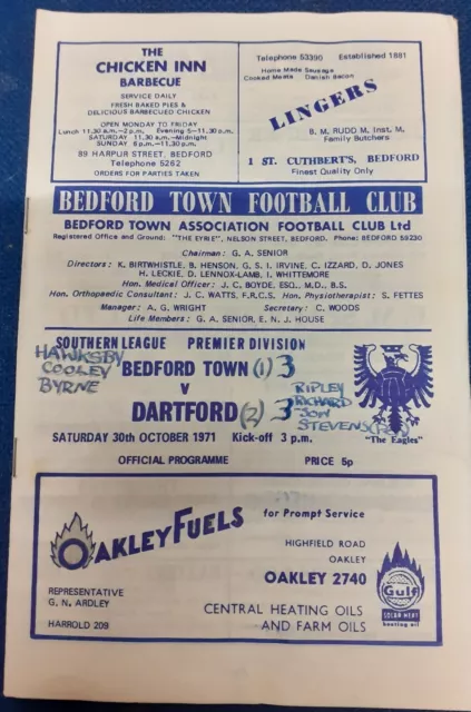 Bedford Town v Dartford Southern Lge Prem Div Football Programme 30/10/71