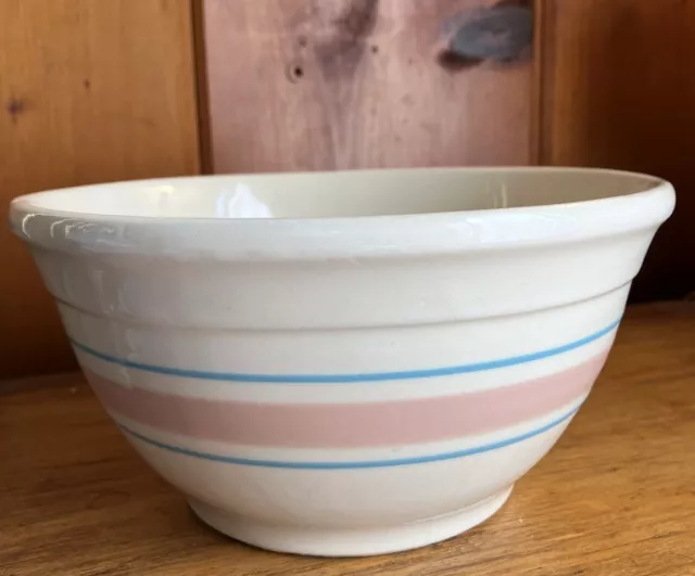 Vintage McCoy Pottery Pink & Blue Banded Striped Mixing Bowl 8" Ovenproof USA