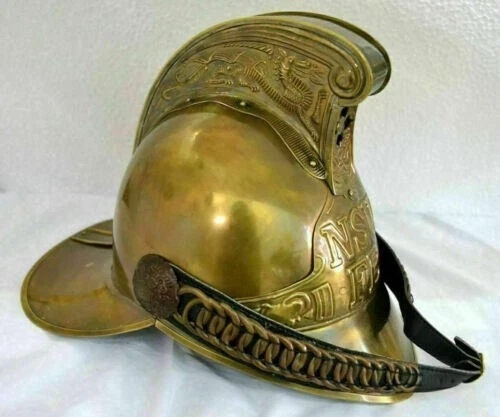 Casque Pompier Antique Laiton Et Cuir - Finition Rouge - Taille ~68.5cm - Neuf