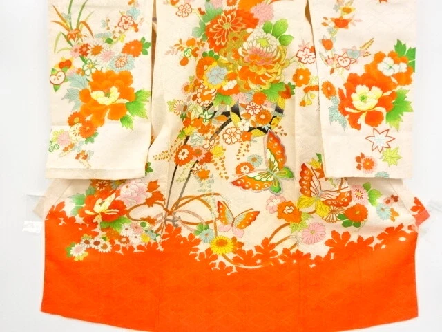 41852# Japanese Kimono / Antique Kimono For Girls / Embroidery / Butterfly &