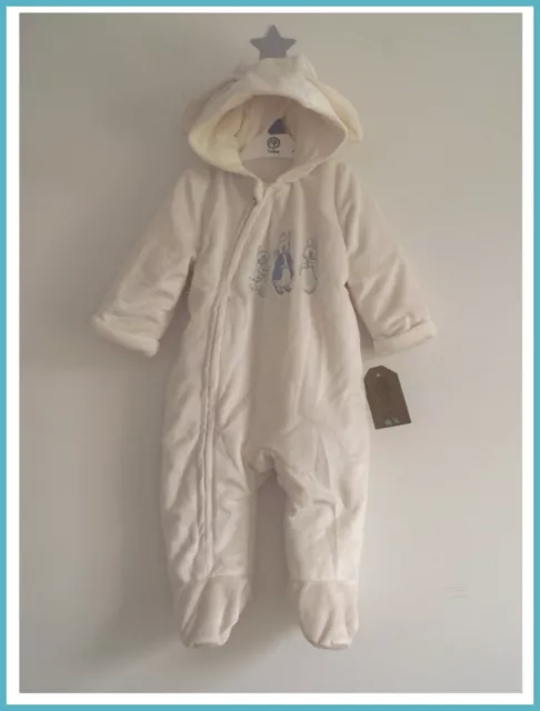 Baby Unisex Peter Rabbit Cream Snowsuit 0-3 Month Pramsuit Hooded All In One NEW