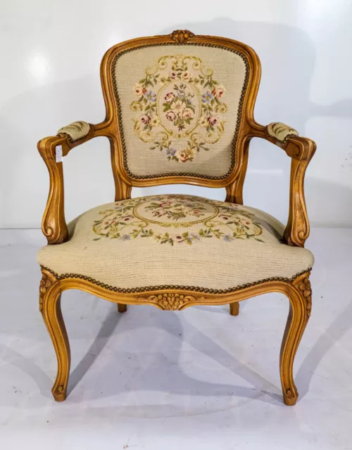 French Louis XV Carved Oak Mint Green Needlepoint Floral Armchair - (NWB134) 3