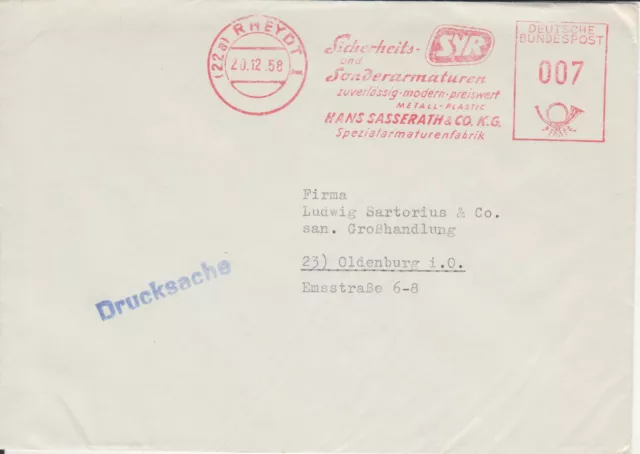 Firmenbrief mit Freistempel / AFS Rheydt, SYR Spezialarmaturen Sasserath, 1958
