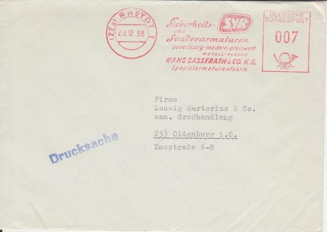 Firmenbrief mit Freistempel / AFS Rheydt, SYR Spezialarmaturen Sasserath, 1958