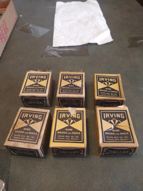 Lot  Of  6  Vintage  Boxes  Irving  Mfg.  Co.  Wire  Brads  And  Nails