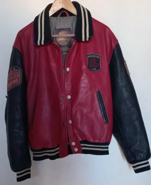 REDSKINS Vintage Leather Jacket Beige CONESTOGA COLLEGE Varsity Size: L  Rare