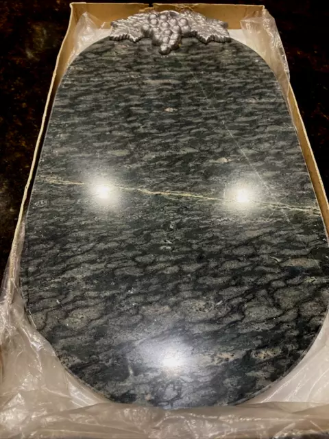 Marble Cutting Cheese Charcuterie Serving Tray Board Pewter Grapes Leaf Leaves