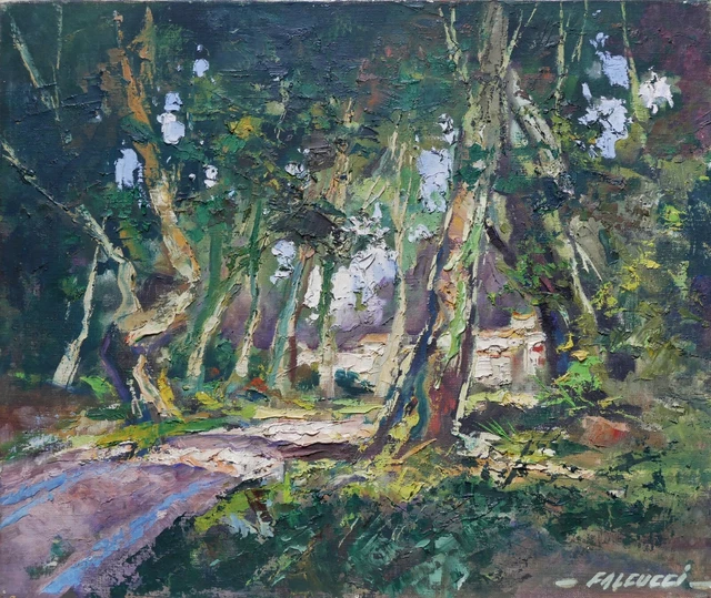 Tableau Pointilliste Signé Robert Falcucci - Huile Sur Panneau - Paysage XXème - Encadré