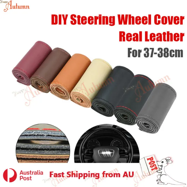 Real Cow Leather DIY Car Steering Wheel Cover Soft Plain Glossy 37cm 38cm 15"