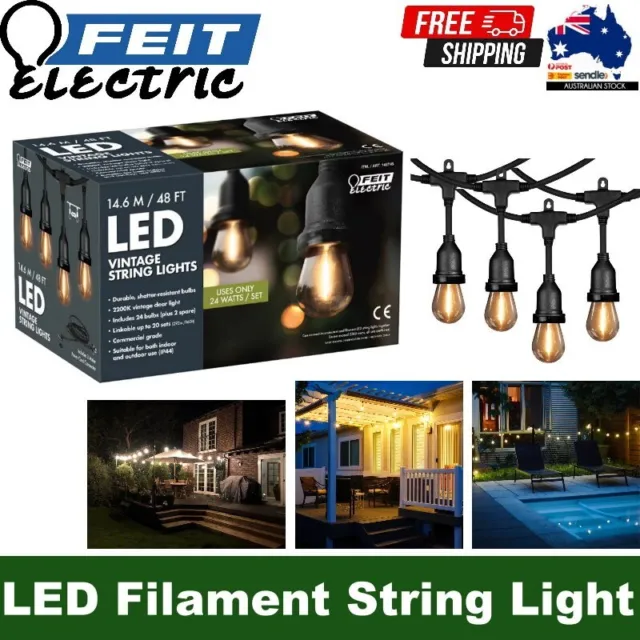 Feit 14.6m/48ft 24 Sockets IP65 Indoor/Outdoor LED Filament String Light Set