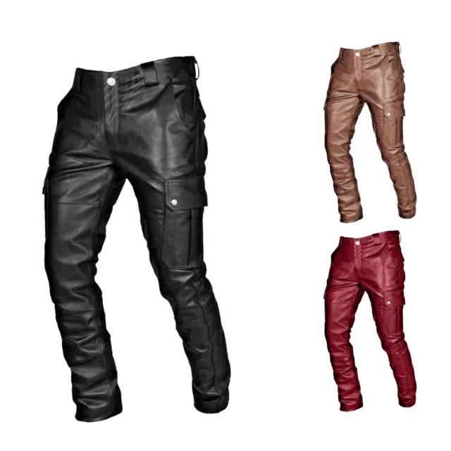 Uomo Vera Pelle Pantalone Jeans Steampunk Gotico Rétro Moto Pantaloni❤