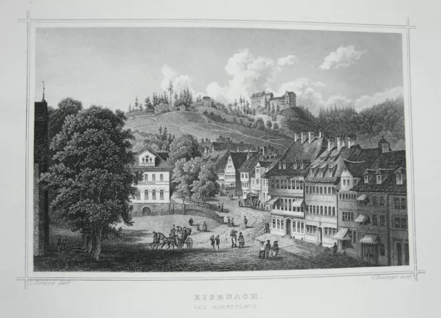 Eisenach Marktplatz Wartburg Luther  echter alter Stahlstich 1846 33