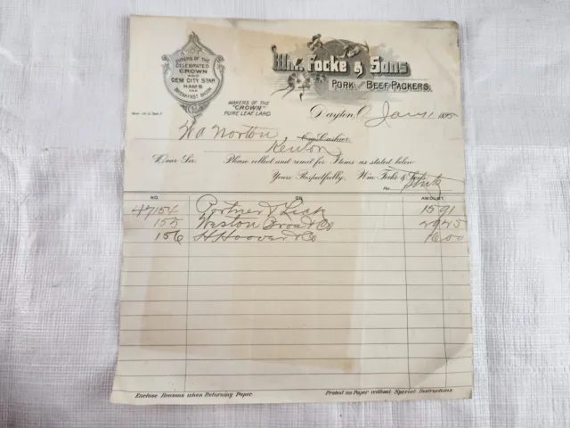 Antique Focke & Sons Meatpacking Dayton Ephemera Letterhead Letter Receipt Paper
