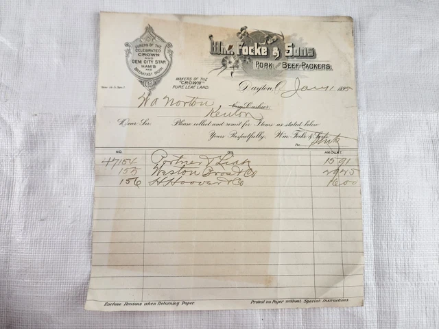 Antique Focke & Sons Meatpacking Dayton Ephemera Letterhead Letter Receipt Paper