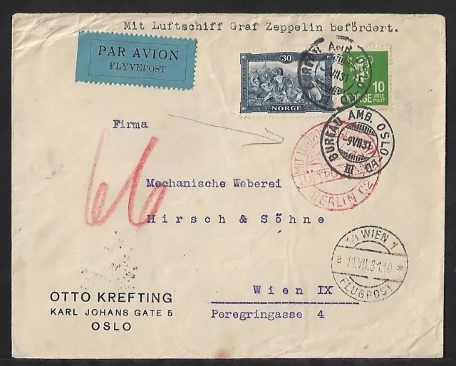 Zeppelin  Norway To Austria Air Mail Cover 1931 Very Scarce