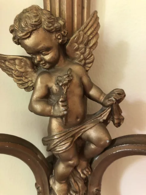 Antique Wood Wall Hanging Double Candle Sconce Cherub Antique Gold