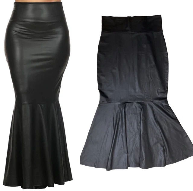 Red Dot Boutique Faux Leather Pleated High Waist Maxi Mermaid Skirt Black Sz 3X