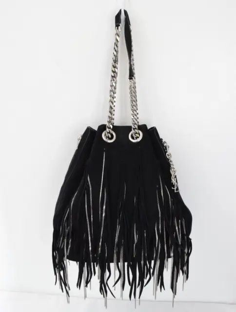 YSL Saint Laurent Paris Emmanuelle Chain Fringe Bag Black Suede Bucket