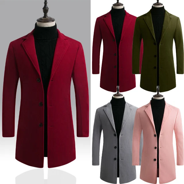 Men Solid Long Jacket Trench Coat Single Breasted Overcoat Warm Winter Outwear