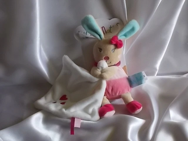 Doudou perle de lapin rose, mouchoir blanc coeurs rouge, Baby Nat, (Babynat)