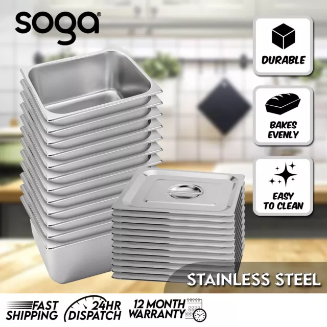 SOGA 12X Gastronorm GN Pan Full Size 1/2 20cm Deep Stainless Steel Tray w/ Lid