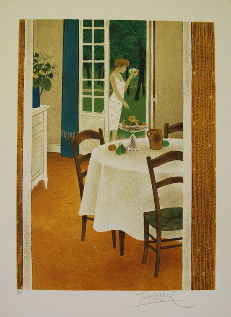 GANNE Yves - original signed lithograph - young woman in the garden
