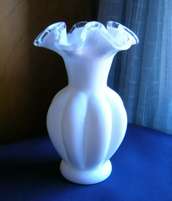 Vintage Fenton Silver Crest Milk Glass Ruffled Edge Vase 6"