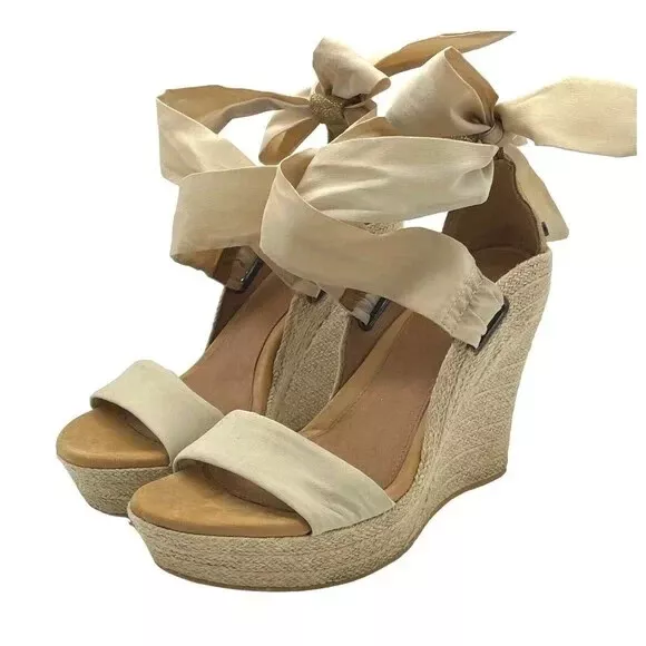 Ugg Jules Pearl Champagne Wrap Bow Tie Platform Wedge Espadrille Sandals UK9.5