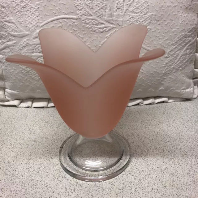 Vintage Pink Tulip Vase Frosted Art Glass Petal Shaped-chipped Base