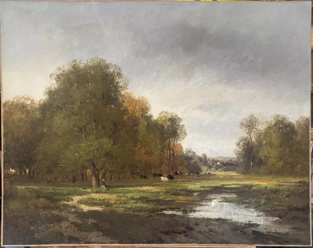 Grand Tableau Ancien Huile Paysage Campagne Arbre vaches Paysan Barbizon XIXe