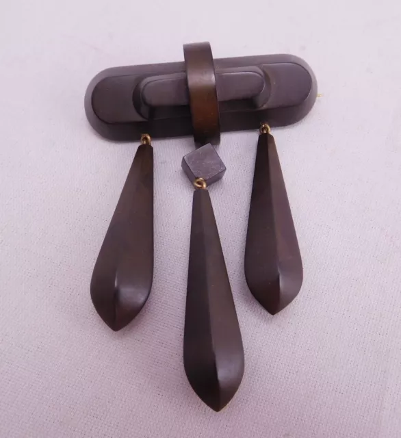 Rare Victorian Mourning Carved Gutta Percha Drop Geometric Pin Brooch