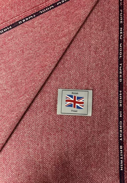 2.5 Metros Cereza Rosa Espiguilla 100% Tweed de Lana Tela Hecho En U.K