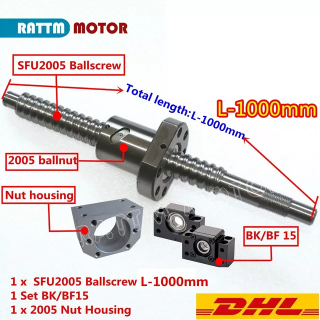 【EU】 SFU2005-1000mm Ballscrew End Machined&BK15 BF15& Nut housing for CNC Router