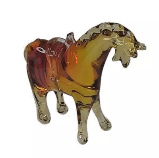 Hand Blown Art Glass Horse Figurine Amber Honey Color Yellow MCM  3.5"x4" Vtg.