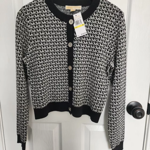 NEW! NWT MICHAEL KORS MK Logo Cardigan Sweater Black/Silver Size M