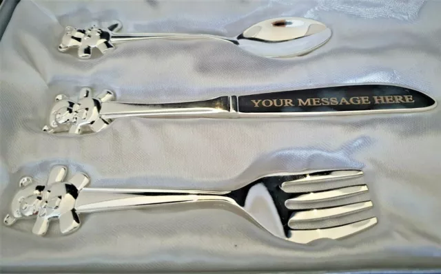 Engraved Silver Plated Teddy Bear Cutlery Set & Gift Box Christening Baby Shower