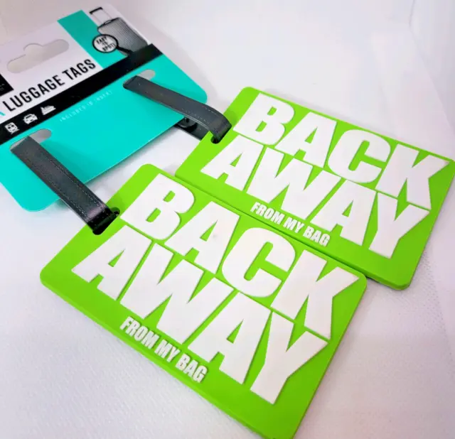 2 Luggage ID Tags " Back Away From My Bag"  Bright Lime PVC Travel ID Insert