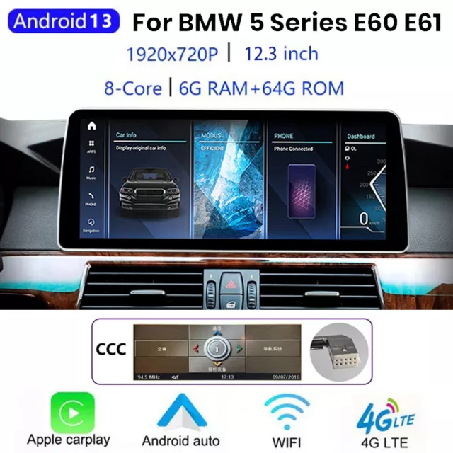 Android 13 Autoradio CarPlay 12.3" IPS Screen GPS Navi For BMW 5 Series E60 E61