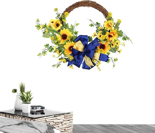 Artificial Sunflower Wreath, Flowers with Linen Bow Decor