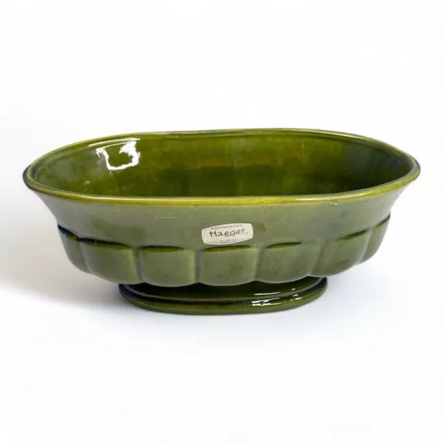 Vintage Haeger Green Pottery Pedestal Planter Oval Ribbed Mid Century Made USA