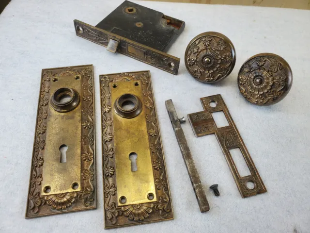 Antique Door Set Victorian/Eastlake Cast Brass Backplate Knob Mortise Lock  N185