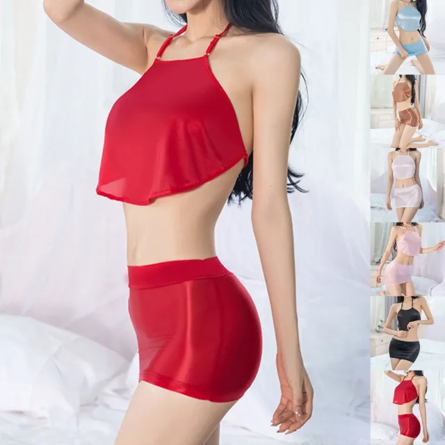 Elegant Women's Backless Set Glossy Short Skirt Push Up High Waist Top