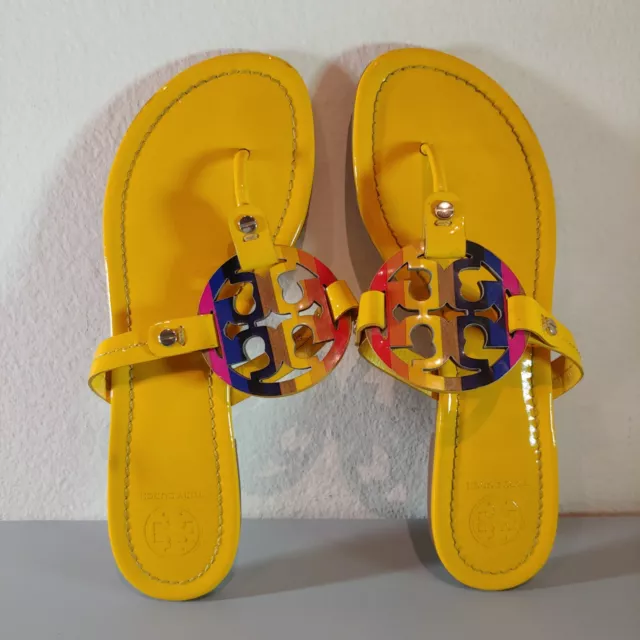 Tory Burch Sandals Miller With Rainbow Logo Sunshine Patent Size 7.5 M Yellow