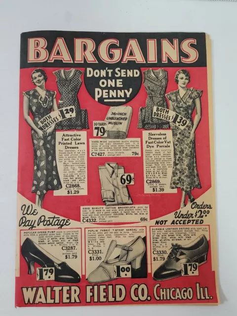 30s 40s Walter Field Co. Chicago Bargins Catalog Clothes Men Women Children VTG