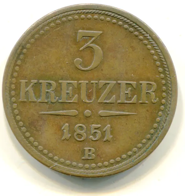 Austria 3 Kreuzer 1851-B nice coin scarce KM-2193   lotfeb2643