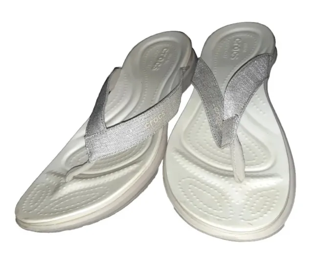 Crocs Capri V Sequin Womens Size 11 Rose Gold Comfort Flip Flops Sandals RARE...