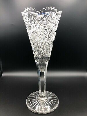 Vintage American Brilliant Heavy Cut Saw Tooth Crystal Trumpet Vase, 12" Tall