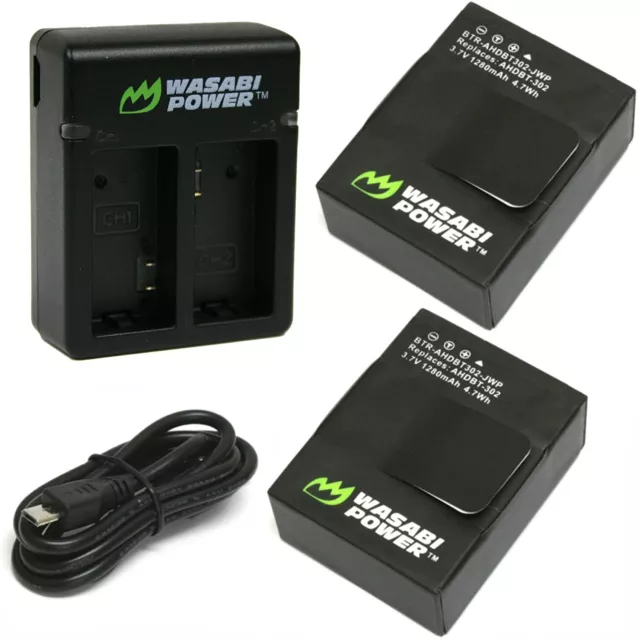 Wasabi Power Battery(1280mAh) x 2 & NEW DUAL USB CHARGER Kit for GoPro Hero3, 3+ 2