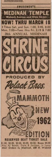 1962 Shrine Circus Medinah Temple Polack Bros. Chicago Newspaper Print Ad 5.5x2"