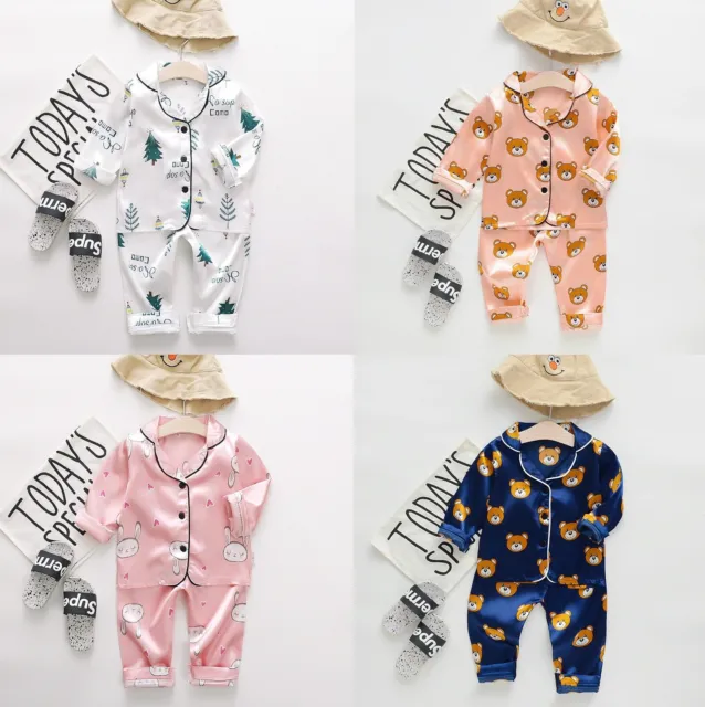 UK Children Girls Boys Silk Satin Pyjamas Kids Long Sleepwear Sets Nightwear PJ